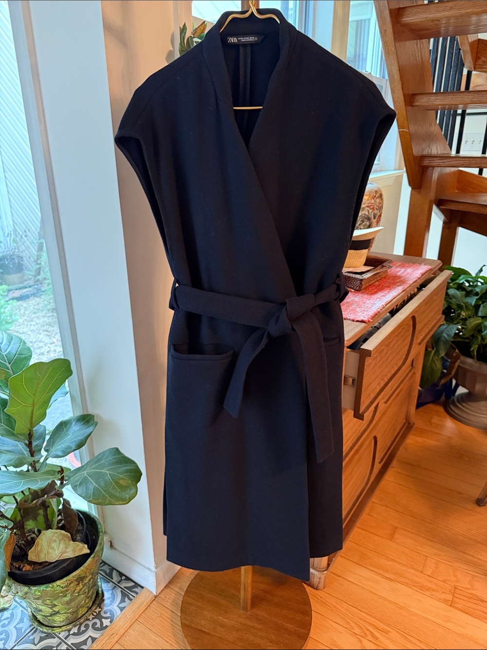 Zara Black Sleeveless Midi Wrap Dress with Self-Tie Belt